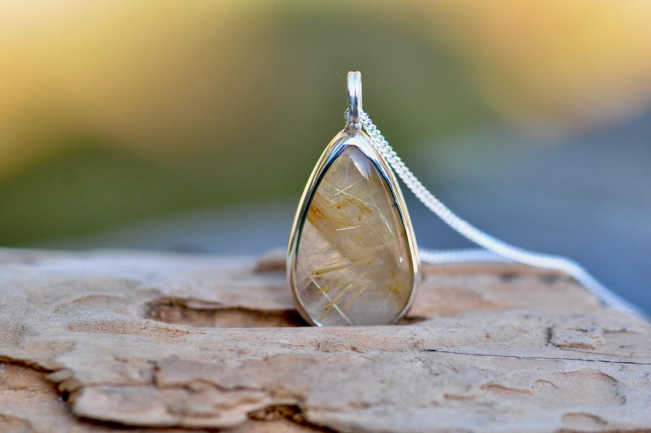 Rutilated Quartz Silver Pendant on Silver Chain
