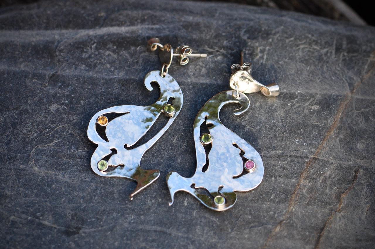 Pink Sapphire, Citrine and Peridot Silver Earrings