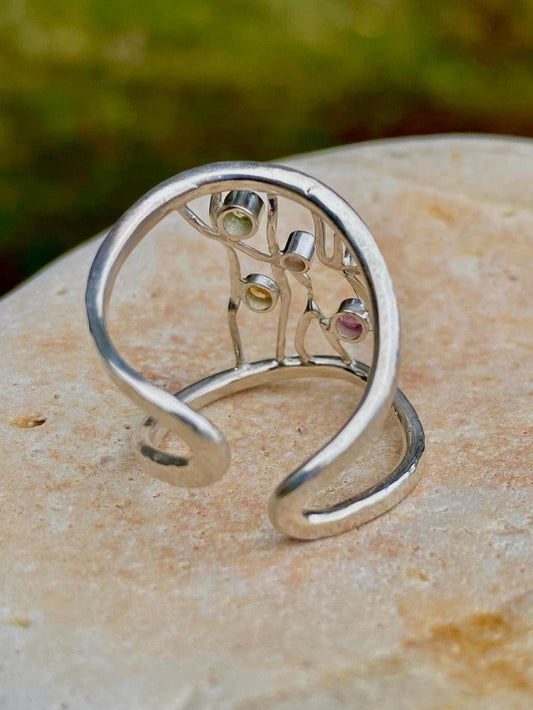 Yellow and Pink Sapphire, Citrine and Peridot Silver Ring