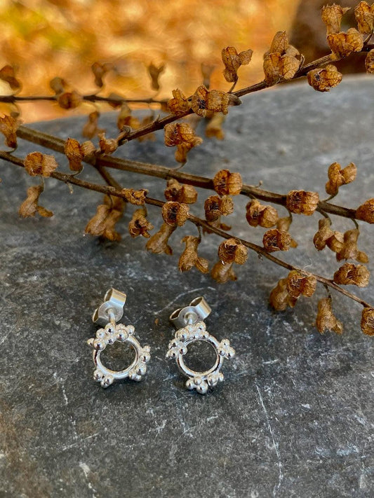 Sterling Silver Dew Circle Stud Earrings with Granulation