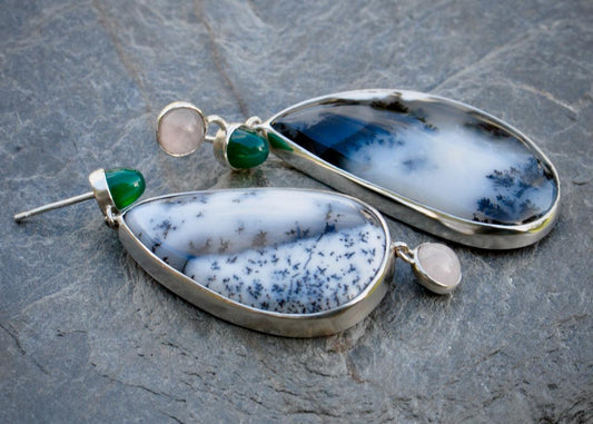 Green and Dendritic Agate and Rose Quartz Silver Earrings