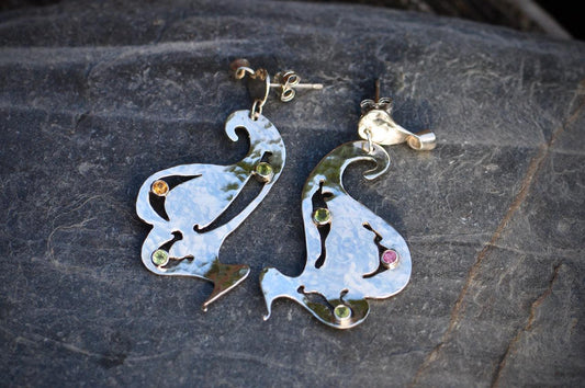 Pink Sapphire, Citrine and Peridot Silver Earrings