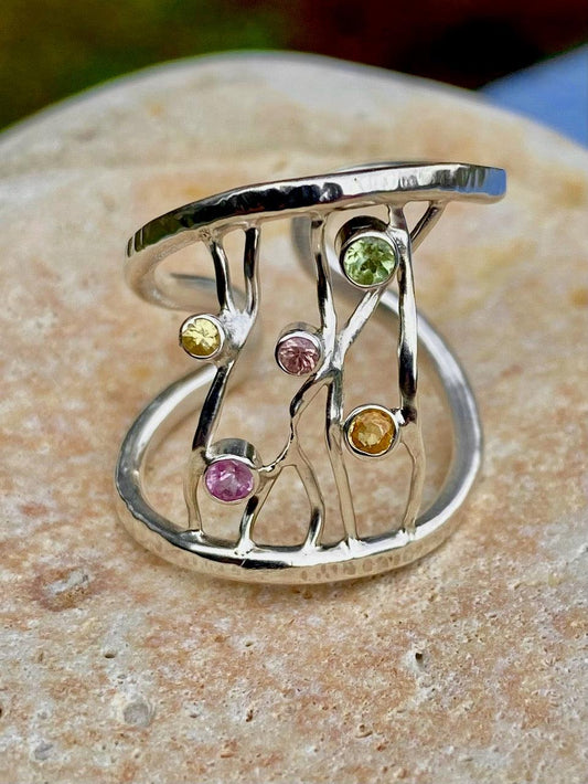 Yellow and Pink Sapphire, Citrine and Peridot Silver Ring