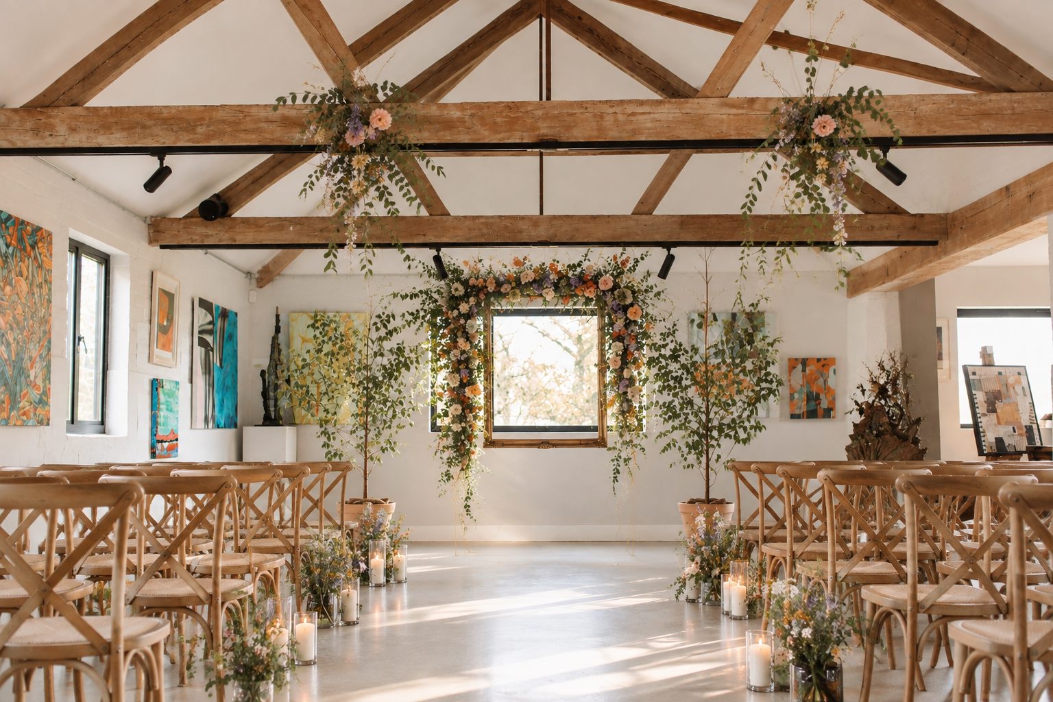 Ceremony space at the Palais, with a floral arch framing the window and candlelit aisle