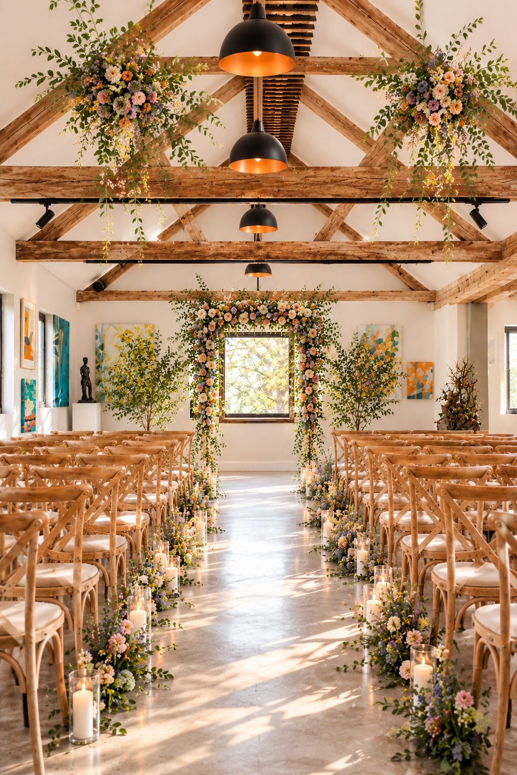 Ceremony space at the Palais, with a floral arch framing the window and candlelit aisle